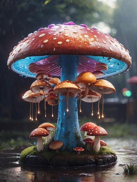 A vibrant victor design of a mushroom stand in the rain rendered in a vintage drawing style