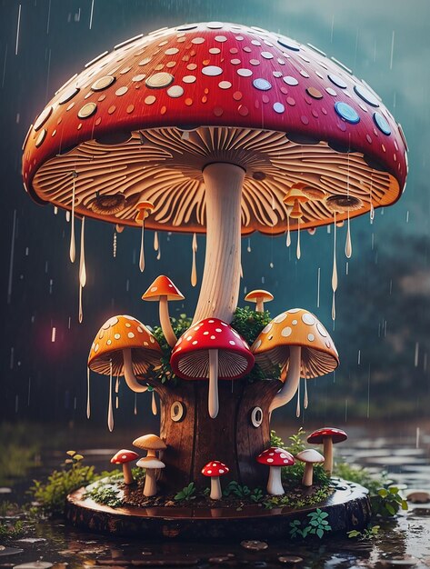 Яркий победный дизайн грибной стойки под дождем, выполненный в винтажном стиле рисунка.