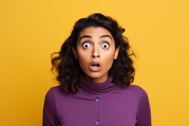 Photo vibrant violet and yellow portrait of surprised indian woman created with generative ai