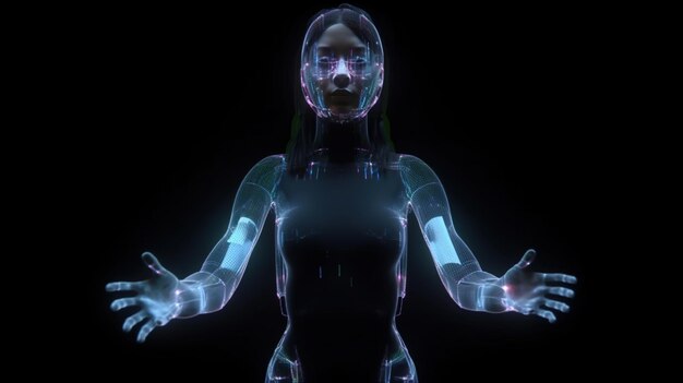 Vibrant Virtual Reality Image A Holographic Woman in a Knolling Pose Perfectly Aligned Objects Background
