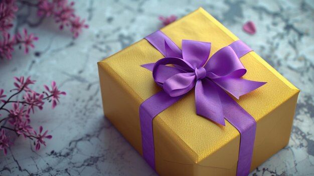 A vibrant and visually striking image of a yellow gift box adorned with a purple ribbon showcasing the precisionist style with its texturerich surfaces perfect for a variety of graphic de