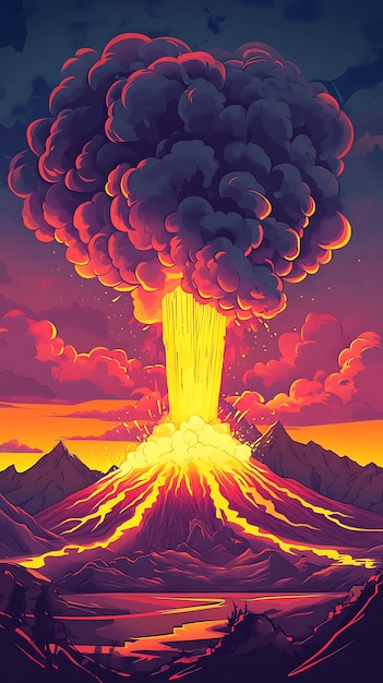 a vibrant volcanic eruption with lava and smoke against a colorful sunset backdrop