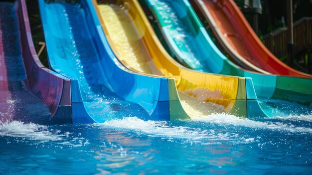 Vibrant water slides provide family entertainment on a sunny day at the waterpark