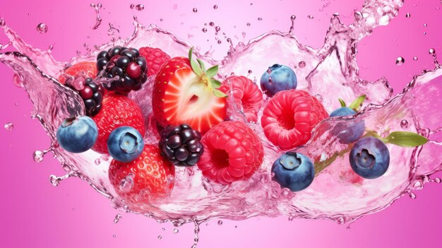 Vibrant water splash with mixed berries on pastel background AI generated