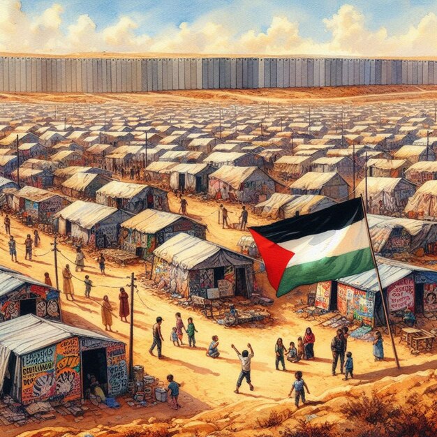 vibrant watercolor captures save palestine banner in refugee camp amid hopeful murals