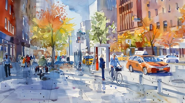 Vibrant Watercolor Cityscape with PedestrianFriendly Urban Amenities and Sustainable Transportation Options