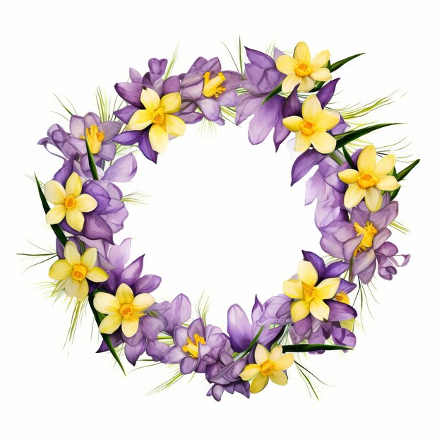 Vibrant Watercolor Daffodil Wreath With Pressed Lavender Flowers