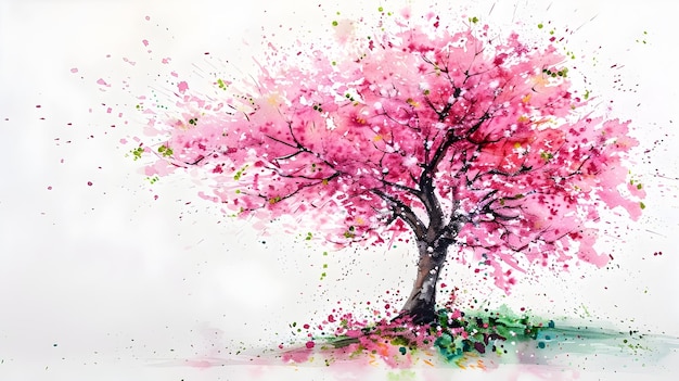 Photo vibrant watercolor depiction of blooming cherry blossom tree in spring garden landscape