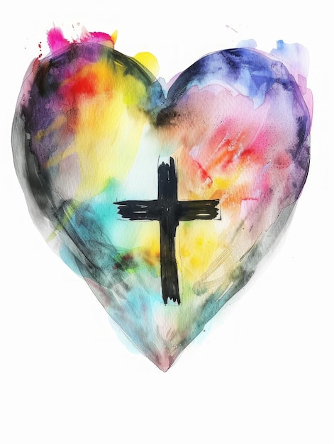 Vibrant Watercolor Heart Design with Black Christian Cross Generative AI