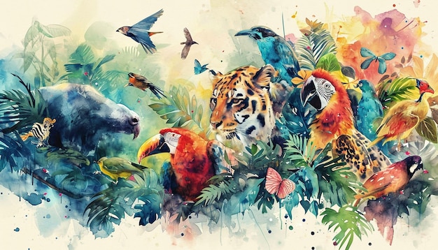 Foto una vivace illustrazione ad acquerello che raffigura la diversità della fauna selvatica della foresta pluviale amazzonica