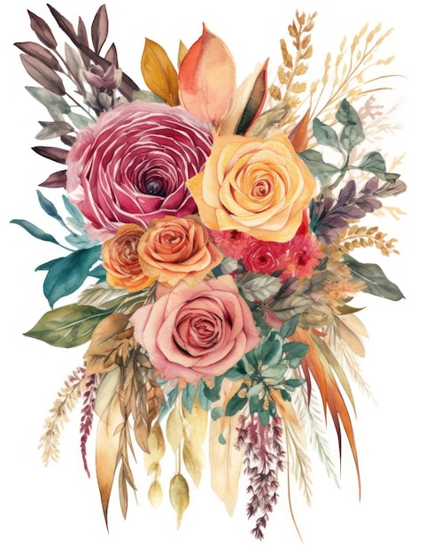 Vibrant Watercolor Illustration of an Elegant Boho Wedding Bouquet