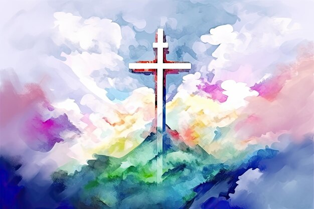 A vibrant watercolor painting of a cross soaring above the clouds in a graffitilike style Perfect for religious themes Generative AI