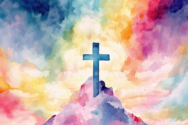 Photo a vibrant watercolor painting of a cross soaring above the clouds in a graffitilike style perfect for religious themes generative ai
