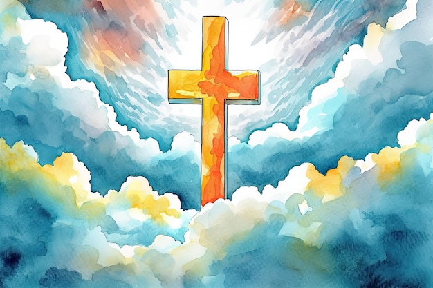 그래피티 스타일로 구름 위로 솟아오른 십자가의 생동감 넘치는 수채화 그림 종교적 주제에 적합 Generative AI