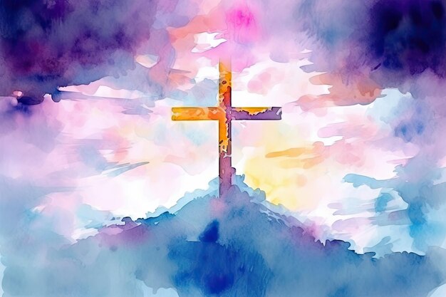 A vibrant watercolor painting of a cross soaring above the clouds in a graffitilike style Perfect for religious themes Generative AI