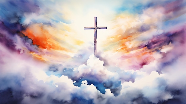 A vibrant watercolor painting of a cross soaring