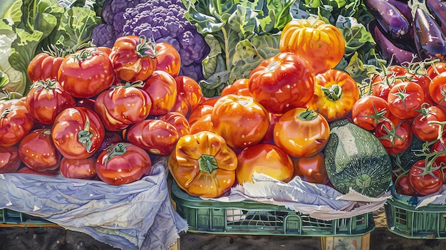 Photo vibrant watercolor painting of a farmers market stall with an abundance of fresh colorful produce including tomatoes peppers and eggplants