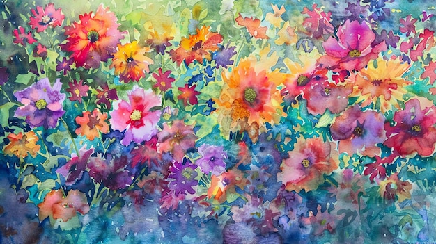꽃이 피는 정원의 활기찬 수채화 그림 꽃잎은 다양한 색으로 칠해져 있습니다.