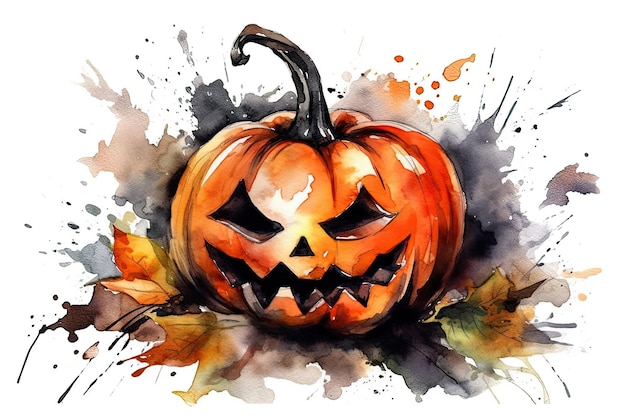 Vibrant watercolor painting of a Halloween jackolantern with a spooky expression