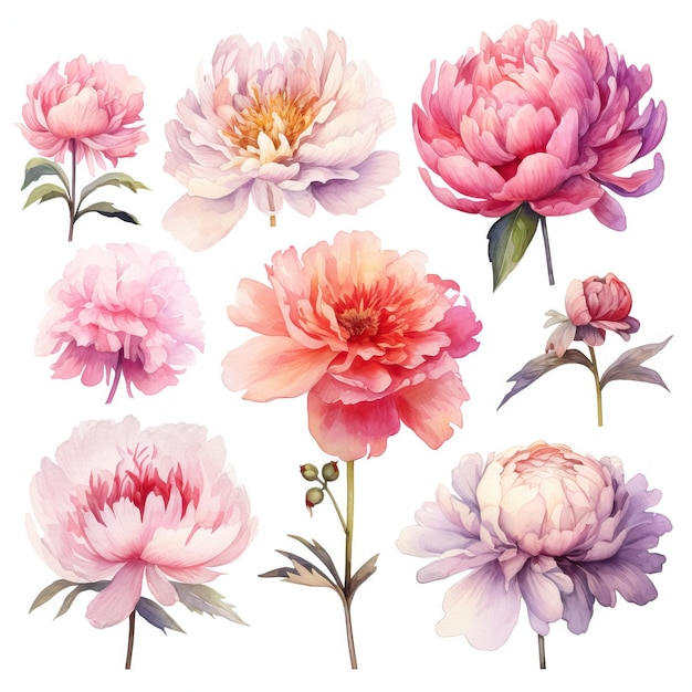 Vibrant Watercolor Peonies on White Background AI Generated