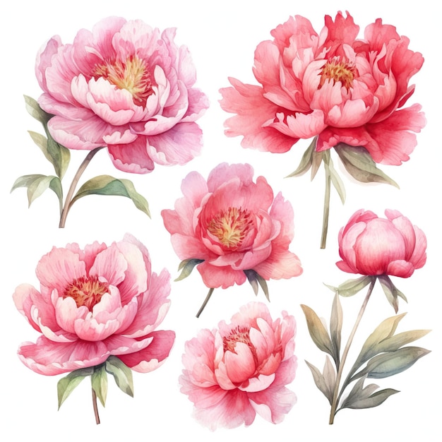 Vibrant Watercolor Peonies on White Background AI Generated