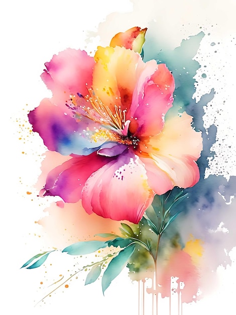 A vibrant watercolor rose its petals delicately outlined in a deep green leaf