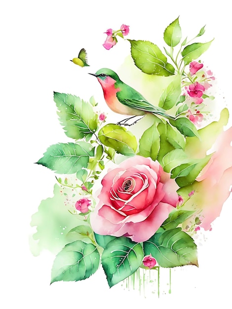 Яркая акварельная роза с лепестками, деликатно очертанными в темно-зеленом листе.