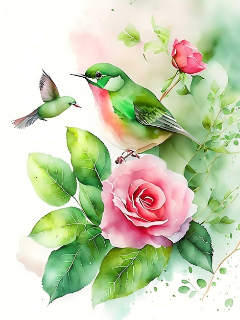 A vibrant watercolor rose its petals delicately outlined in a deep green leaf