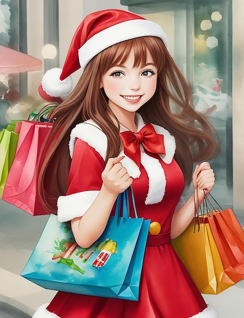 A vibrant watercolor of a Santa helper girl her arms overflowing with shopping bags as she smiles