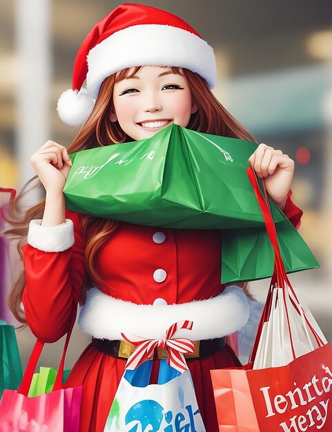 A vibrant watercolor of a Santa helper girl her arms overflowing with shopping bags as she smiles