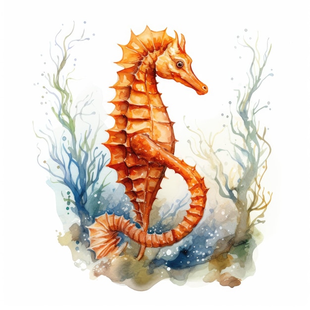 Vibrant Watercolor Sea Horse in High Definition on a White Background