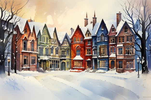 Vibrant watercolors depict whimsical snowy scenes in Canadian cities