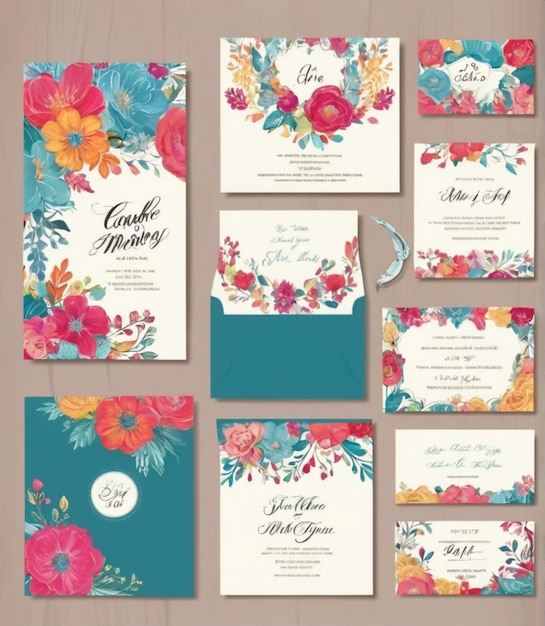 Photo vibrant wedding invitation card template colorful design elements