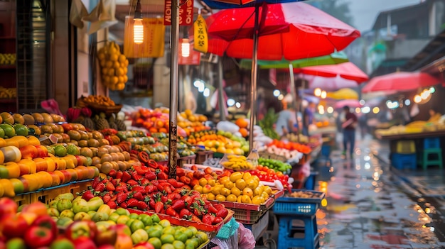 A vibrant wet market in Asia The market is full of colorful umbrellas fresh fruits and people