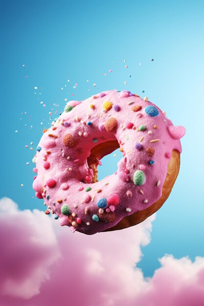 Vibrant and Whimsical Flying Gourmet Donut with Sprinkles and Colored Powder Generative AI