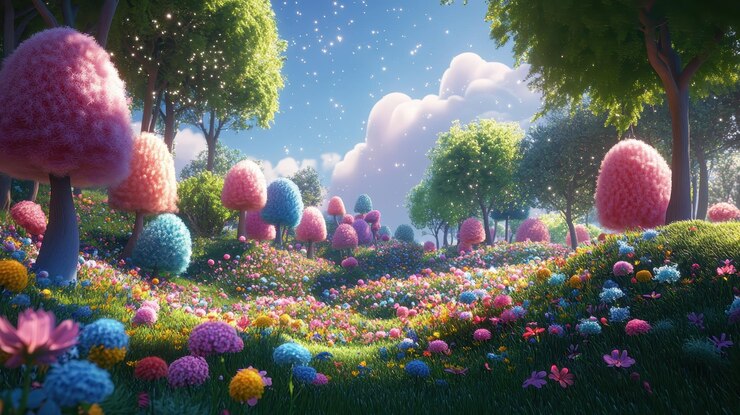 Photo 鮮やかな空の下で色とりどりの木や花で満たされた活気のある奇妙な風景