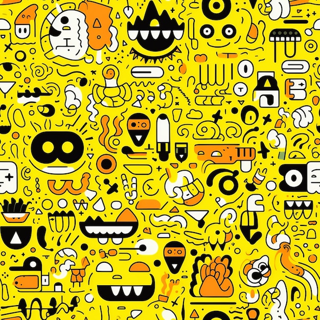 Vibrant whimsy quirky creatures and doodles seamless pattern on sunny yellow