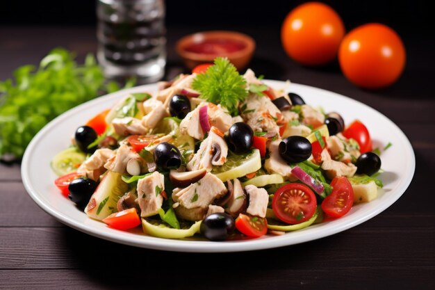 Photo vibrant and wholesome chicken salad delight with fresh vegetables and olives