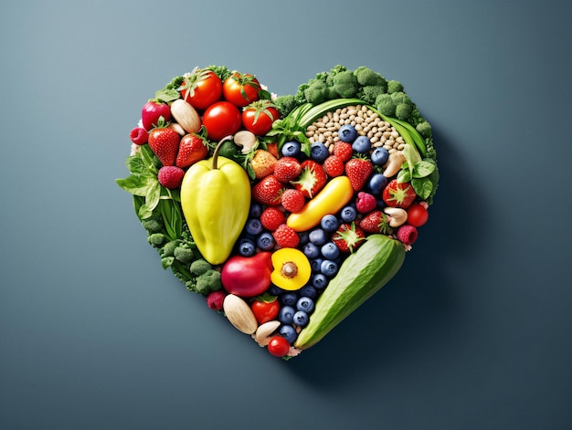 Photo vibrant and wholesome heartshaped fruit and vegetable display on table generated by ai