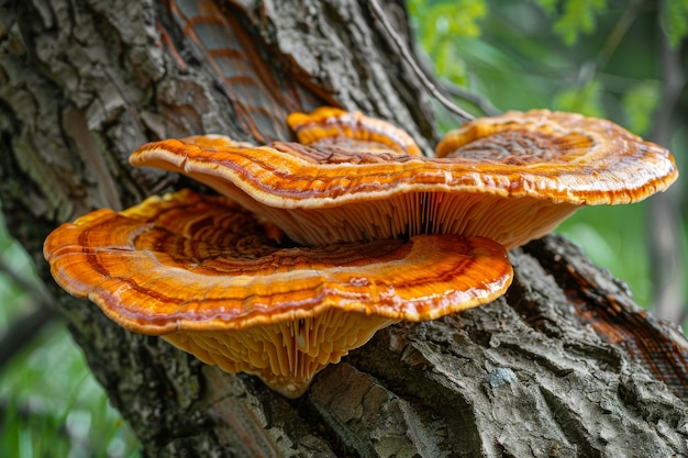 Vibrant Wild Reishi Mushrooms on Tree Trunk in Forest