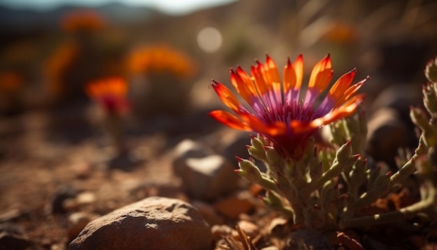 AI によって生成された夕暮れ時の草原に咲く鮮やかな野の花