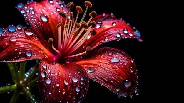 Vibrant wildflower in close up wet with dew on black