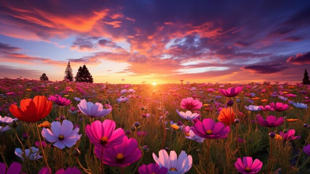 vibrant wildflower meadow at dusk backlit by bright sunset