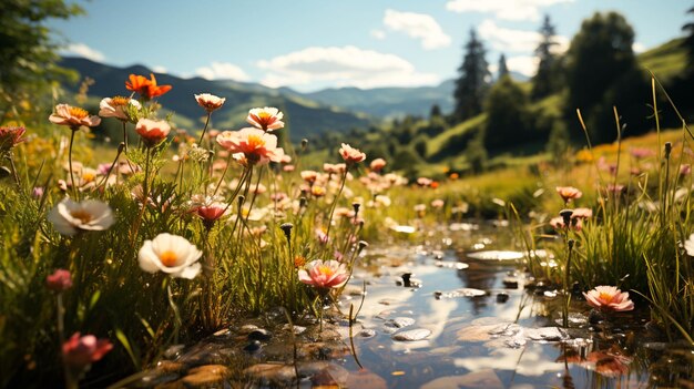 Vibrant wildflower meadow in rural scene