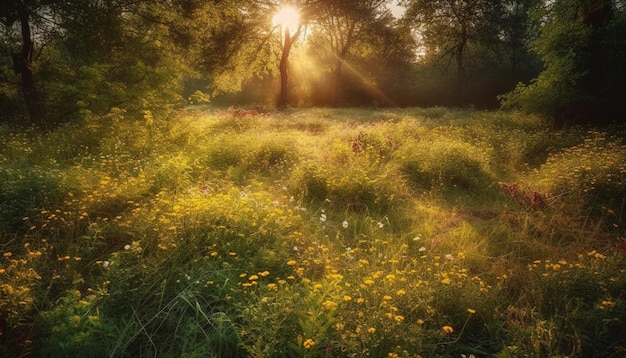 Яркие полевые цветы расцветают на лугу при солнечном свете, созданном искусственным интеллектом