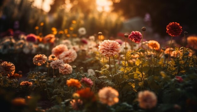 vibrant wildflowers bloom in tranquil meadow sunset generated by ai