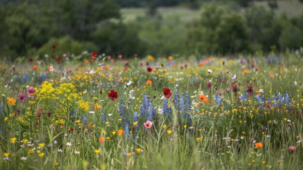 Vibrant wildflowers fill the open meadows their delicate petals dancing in the gentle breeze native