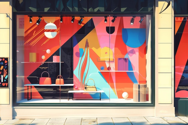 Photo a vibrant window display showcasing the latest fashion trends in a clothing store illustrate the dynamic colors and shapes of a trendy boutique window display