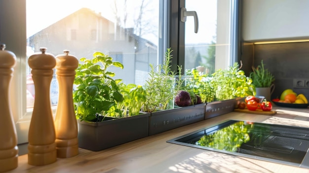 現代 の キッチン で の 活気 の ある 窓際 の 庭