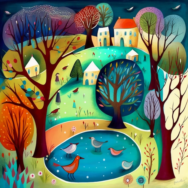 Vibrant winter colours folk art style